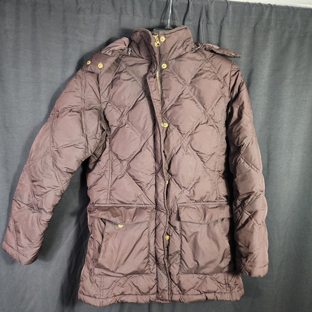 Lands End Brown Quilted Down Puffer Jacket‎ Parka Removable Hood Womens M 10-12